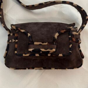 VAN ELI Dark Brown Suede Crossbody Purse w/ Leopard Trim